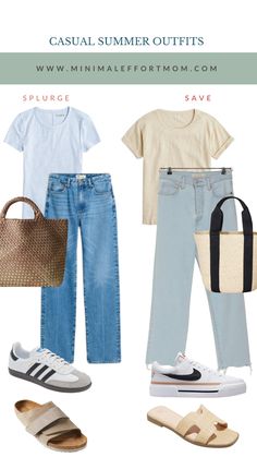 Casual Summer Outfits for Over 40: 5 Stylish and Comfortable - Save and Splurge Ideas — Minimal Effort Mom Mom Casual Outfits Spring, Comfy Mom Outfits Summer, Sports Mom Outfit, Mom Outfits Spring, 40s Outfits, Sporty Mom, Everyday Outfits Summer, Mom Style Summer, Casual Mom Style