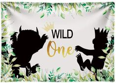 two animals with crowns on their heads and the words wild one written in gold foil