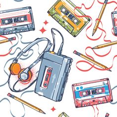 an old school cassette, tape recorder and pencils on a white background with red confetti