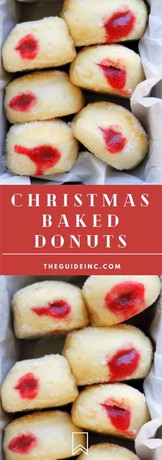 christmas baked donuts with red icing on top and the words, christmas baked donuts