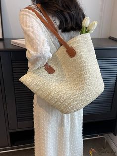 Bird in Bag - Beige Knitted Zipper Closure Shoulder Tote Bag for Travel and Vacation Casual Cream Bucket Crochet Bag, Casual Beige Crochet Woven Bag, Casual Cream Woven Crochet Bag, Casual Beige Crochet Bag With Braided Handles, Casual Cream Crochet Bag Woven Style, Casual Cream Shoulder Bag With Braided Handles, Casual Beige Handheld Crochet Bag, Casual Cream Straw Bag For Everyday Use, Casual Cream Crochet Bag For Travel