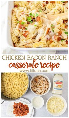 chicken bacon ranch casserole recipe in a white dish