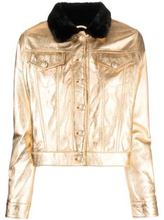 gold-tone leather metallic finish contrasting collar front button fastening long sleeves buttoned cuffs two front flap pockets straight hem Gold Leather, Flap Pocket, Outerwear Jackets, Top Brands, Leather Jacket, Long Sleeves, Luxury Fashion, Collar, Long Sleeve