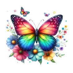 a colorful butterfly with flowers and butterflies on it's back side, in the middle of