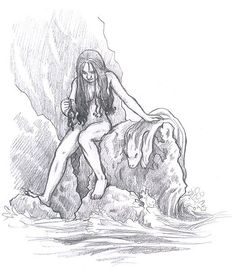 a drawing of a woman sitting on top of a rock