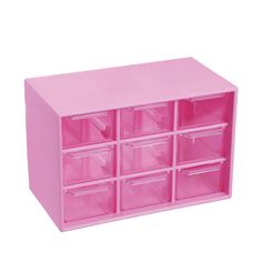 a pink plastic drawer with twelve drawers on the bottom and six bins in front