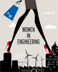 woman in engineering poster with red heels and shopping bag