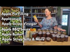 a woman standing in front of a table full of apples and jars with the words apple pie filling