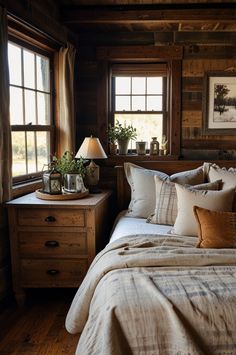 a bed in a room with wooden walls