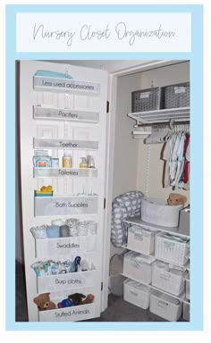 an organized closet with white baskets and linens on the shelves, labeled nursery closet organization