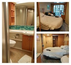 there are four pictures of a hotel room with beds and bathroom in it, including a bed that has been placed on the floor