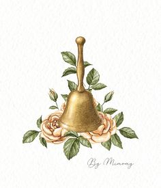 a golden bell surrounded by flowers and leaves