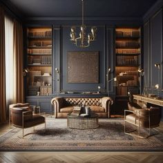 an elegant living room with leather furniture and bookshelves in dark blue hues