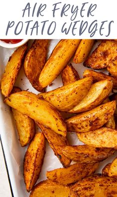 air fryer potato wedges in a white tray