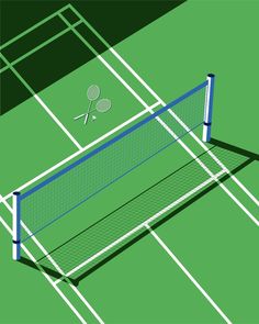 an overhead view of a tennis court and net