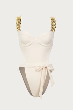 GOLD CHAIN ONE PIECE (FAUX SUEDE CREAM) from Same Los Angelos Luxury Resort Wear, White Swimsuit, Black Swimsuit, Plus Size Swimwear, Sleek Look, Swimwear Collection, In Water, High Cut, Resort Wear