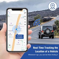 a person holding up a cell phone with a map on the screen and an image of a jeep driving down a road