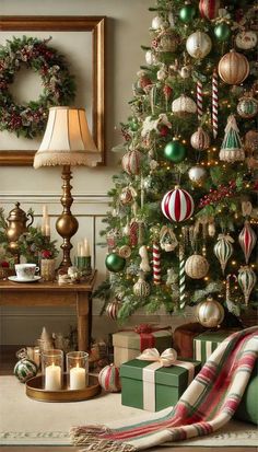 Retro Christmas Tree Decorations, Red Green And Gold Christmas Tree Ideas, Vintage Christmas Inspiration, Christmas Tree Ideas 2024, 2024 Christmas Trends, Traditional Christmas Tree Decorations, Cozy Christmas Home, Diy Natal, Cozy Christmas Decor