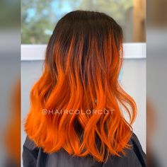 Brown And Orange Ombre Hair, Neon Orange Balayage, Brown To Orange Ombre, Orange Balayage, Ombre Hair Brunette, Orange Ombre Hair, Balyage Long Hair, Balyage Hair, Witchy Hair