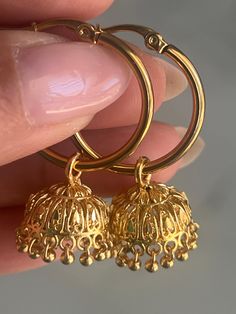 gold plated jhumki earrings on hoops, Indian style  earrings  Earrings dangle 1.25 inches long and are super light. perfect for everyday wear.  These beauties are for pierced ears, they are not clip on style. Festive Brass Hoop Earrings With Latkans, Brass Hoop Earrings With Latkans For Festivals, Brass Dangle Hoop Earrings With Latkans, Brass Chandbali Hoop Earrings With Latkans, Gold Plated Dangle Jhumkas With Latkans, Gold Plated Jhumkas With Latkans, Festival Hoop Earrings With Latkans, Brass Dangle Jhumkas With Intricate Design, Gold Brass Dangle Jhumkas