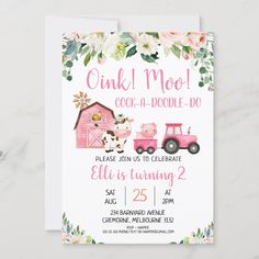 a pink tractor and farm animals birthday party card with the words,'dink meo