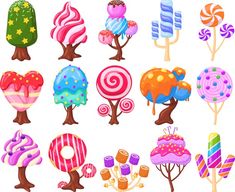 an assortment of candy trees and lollipops