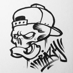 a drawing of a skull wearing a baseball cap