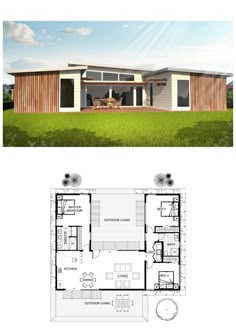 the floor plan for this modern house is shown in two separate sections, with one bedroom and