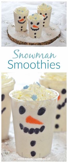 some cupcakes with frosting on them and the words snowman smoothies