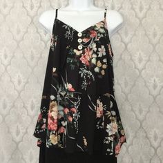 ** Brand New / Never Worn / With Tags ** Dressfo Black Sleeveless Romantic Floral Blouse. No Flaws, Except For Mark On Material Tag. See Photos. Women’s Size S - Vneck - Spaghetti Straps - 3 Button Front Detail - Pull Over Flowy Style - Shades Of Blue, Cream, Green And Pink Flirty, Feminine, Pretty, And Versatile! Wear It Under A Blazer Or Sweet Cardigan At The Office. Or Pair It With Dark Wash Jeans, A Flirty Skirt, Or Dress Slacks For A Night Out. Smoke-Free Home Black Feminine Sleeveless Camisole, Black Tank Dress For Spring, Chic Black Floral Print Tank Top, Chic Floral Print Camisole For Brunch, Bohemian Sleeveless Floral Print Camisole, Black Floral Print Tank Top For Spring, Flowy Sleeveless Spring Camisole, Sleeveless Floral Print Camisole For Day Out, Floral Print Sleeveless Camisole For Day Out