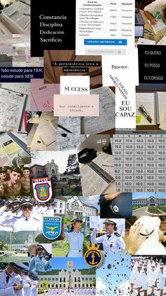 the collage shows many different pictures and words on it's side, including an image of people in uniform