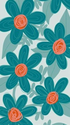 blue and orange flowers on a white background