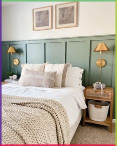 a bedroom with green walls and white bedding