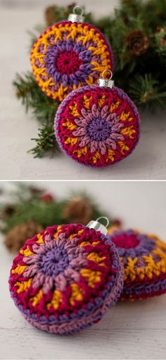 two crocheted ornaments hanging from a christmas tree with the words vintage christmas ornament