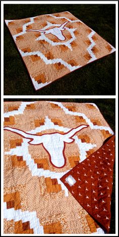 two pictures of the same quilt with different colors and patterns on it, one has an animal's head