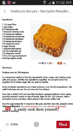 the recipe for starbucks's pumpkin bars is shown on an iphone screen, and it appears to be in english