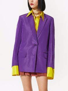 Step into the world of luxurious fashion with the Prism Violet jacket. Crafted entirely from silk, this size 38 stunner is a delightful blend of comfort, style, and opulence. It's the perfect statement piece to elevate any outfit to a new height of sophistication. Impeccably designed in a striking Prism Violet shade that adds a pop of color to any ensemble. Expertly tailored in a size 38 for a flattering fit. Constructed from 100% silk, ensuring a luxurious feel and long-lasting quality. Feature Purple Formal Outfit, Violet Color, Jacket For Women, Single Breasted Jacket, Formal Outfit, Dress Pant, Women's Wardrobe, Favorite Dress, Denim Pant