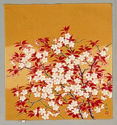 a painting with white and red flowers on an orange background is hanging on a wall