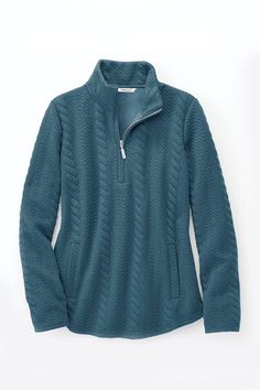 Laid-back pullover in soft knit features a charming, allover cabled texture. Side pockets. Imported. Coldwater Creek Outfits, Weekend Sweater, Knit Denim, Quarter Zip Sweatshirt, Long Tunic, Tunic Length, Zip Sweatshirt, Petite Size, Tunic Top