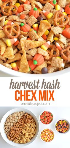 the chex mix is in a bowl with candy corn and pretzels on top