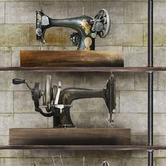 an old sewing machine is sitting on some shelves