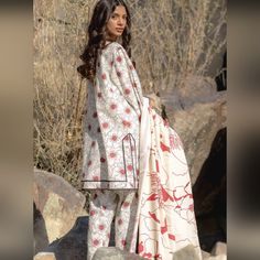 Gorgeous And Very Trendy Outfit. Beautiful Three Piece Dress. The Trousers Have Zippers On The Side. Comes With A Lovely Dupatta. Perfect Outfit Red Long Sleeve Lawn Suit For Spring, White Printed Lawn Suit For Spring, Spring White Printed Lawn Suit, Fitted Red Lawn Suit For Spring, Summer Floral Print Red Lawn Suit, Fitted Casual Lawn Suit For Spring, Casual Fitted Lawn Suit For Spring, Red Cotton Lawn Suit For Spring, Fitted Printed Lawn Suit For Spring