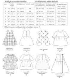 children's dress sizes and measurementss for different types of clothing, including dresses