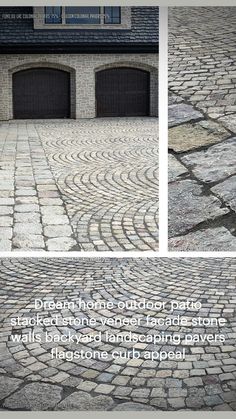 an image of a cobblestone driveway with garage doors and text overlaying it