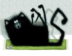 a black cat laying on top of a green rug next to a wall with skulls