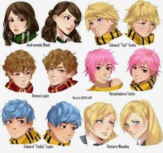 some anime characters with different hair colors and hairstyles, all in different styles