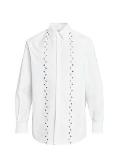 Find VALENTINO Scalloped Broderie Anglaise Button-down Shirt on Editorialist. Valentino Garavani shirt crafted from cotton poplin Features scallped broderie anglaise cutwork on front Point collar Concealed button placket Long sleeves Mitered barrel cuffs Box pleat at back yoke Curved hem Professional cleaning recommended Made in Italy Luxury Buttoned Shirt For Spring, Luxury Cotton Shirt For Spring, Designer Cotton Blouse With Spread Collar, Luxury White Cotton Blouse, Elegant Long Sleeve Cutwork Top, White Button-up Shirt With Broderie Anglaise, Designer Cotton Button-up Blouse, Designer Cotton Blouse With Button Cuffs, Elegant White Shirt With Broderie Anglaise