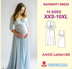 the pregnant woman is wearing a long dress and standing in front of a white background