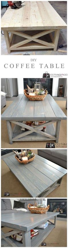 the coffee table is made out of pallet boards and has been painted gray with white trim