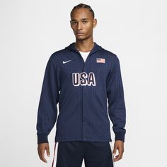 Warm up like your national team in this USA jacket. Advanced sweat-wicking tech works together with stretchy knit fabric to help keep you moving and comfortable, on or off the court. Sporty Team Logo Outerwear For Sports, Sporty Outerwear With Team Logo For Sports, Nike Outerwear For Sports Events, Collegiate Style Team-colored Track Jacket For Sports, Nike Track Jacket For Sports Events, Athleisure Activewear For Team Events And Sports Season, Athleisure Activewear For Sports Season And Team Events, Athleisure Activewear For Team Events, Sporty Team-colored Track Jacket